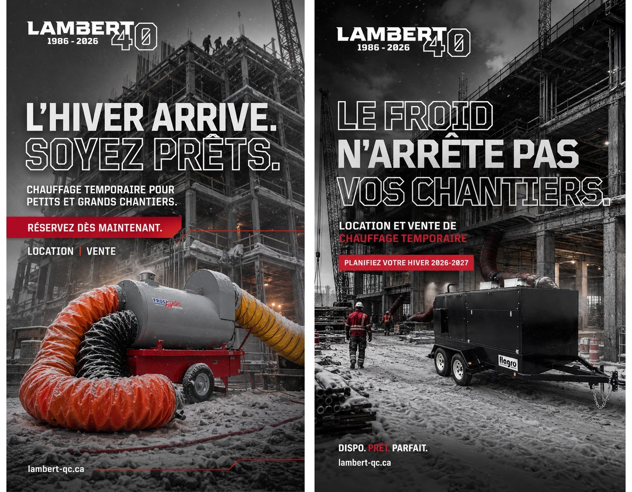 Campagne hiver Groupe Lambert : chauffage temporaire pour petits et grands chantiers, en location et en vente