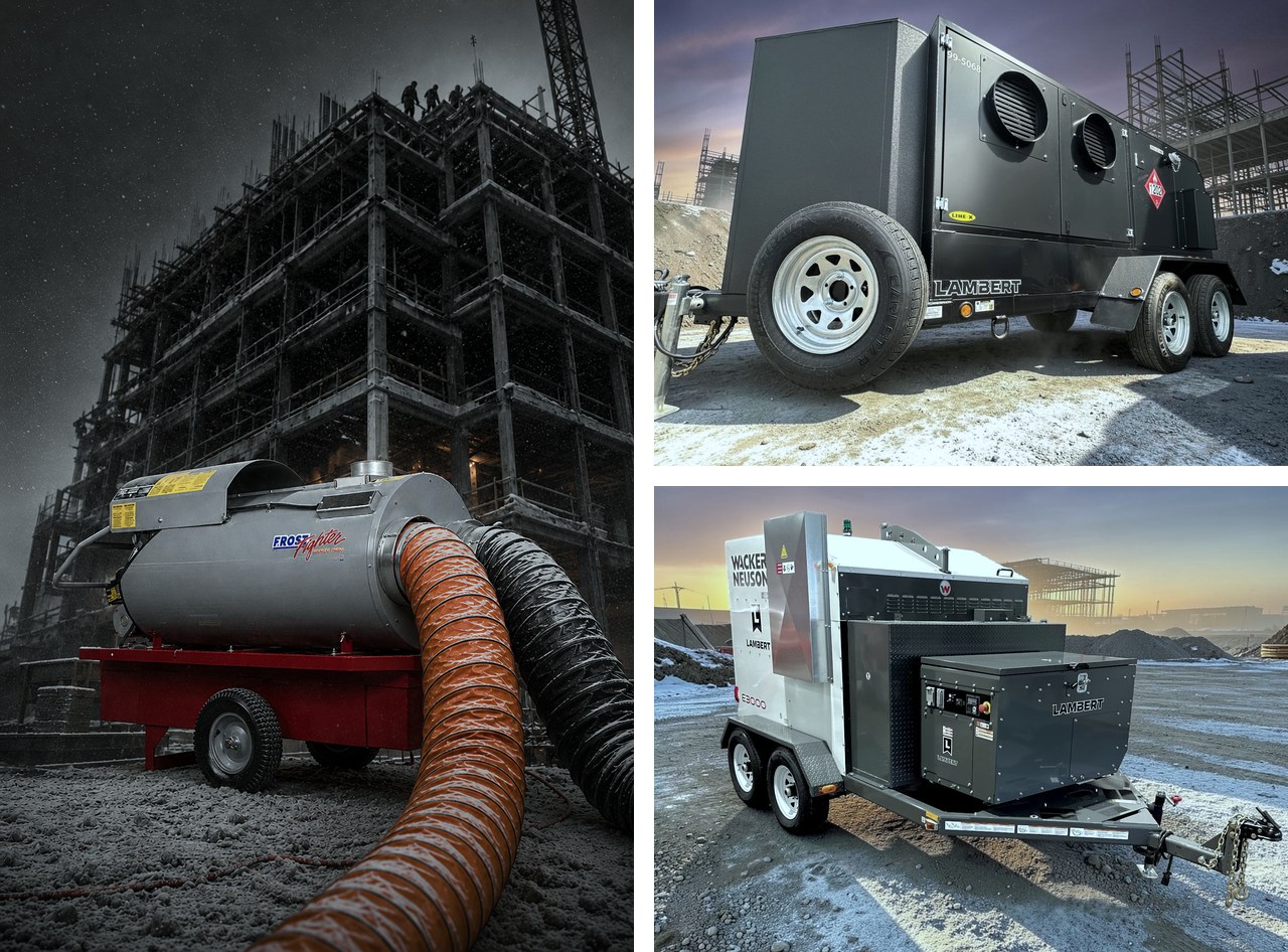 Équipements de chauffage de chantier chez Groupe Lambert : chaufferette Frost Fighter IDF350 avec gaines, chaufferette Flagro FVO-1100TR sur remorque et dégeleuse de sol Wacker Neuson E3000